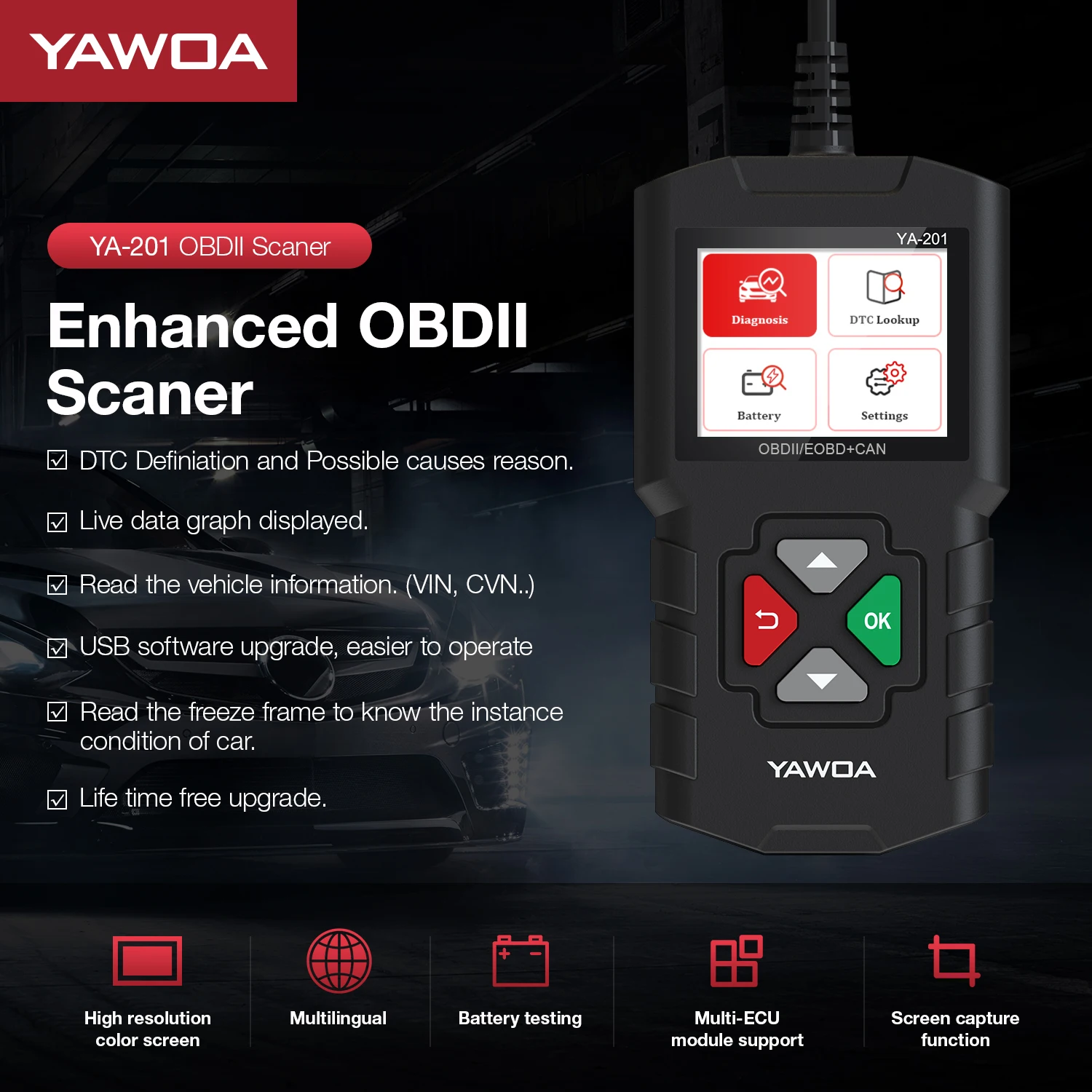 YA201 Obd2 قارئ الرمز 2.4 بوصة TFT شاشة ملونة عالية لفحص المحرك أدوات تشخيص السيارات مع وظيفة شاشة #1