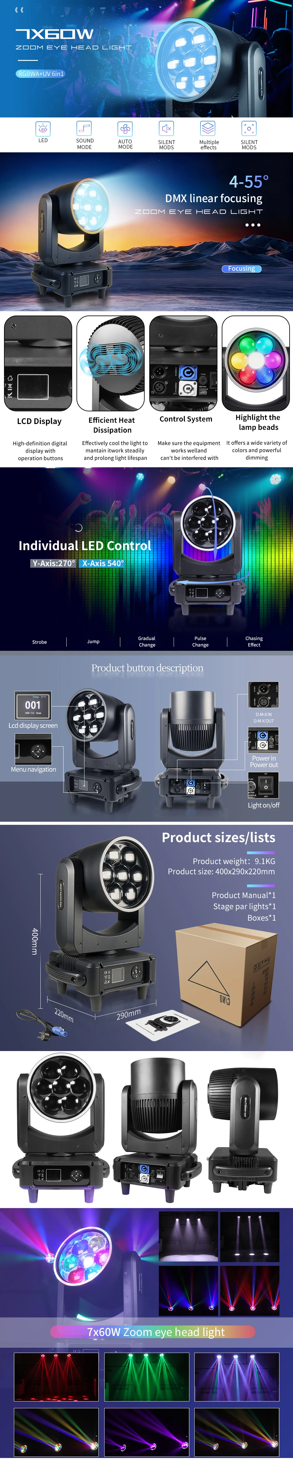 Fabrik-Großhandel DMX 7x60W RGBW 4in1 Zoom Moving Head Licht mit Blende für Nachtclubs, DJs, Disco-Partys, Bars, Weihnachtsbühnen – Detail 1