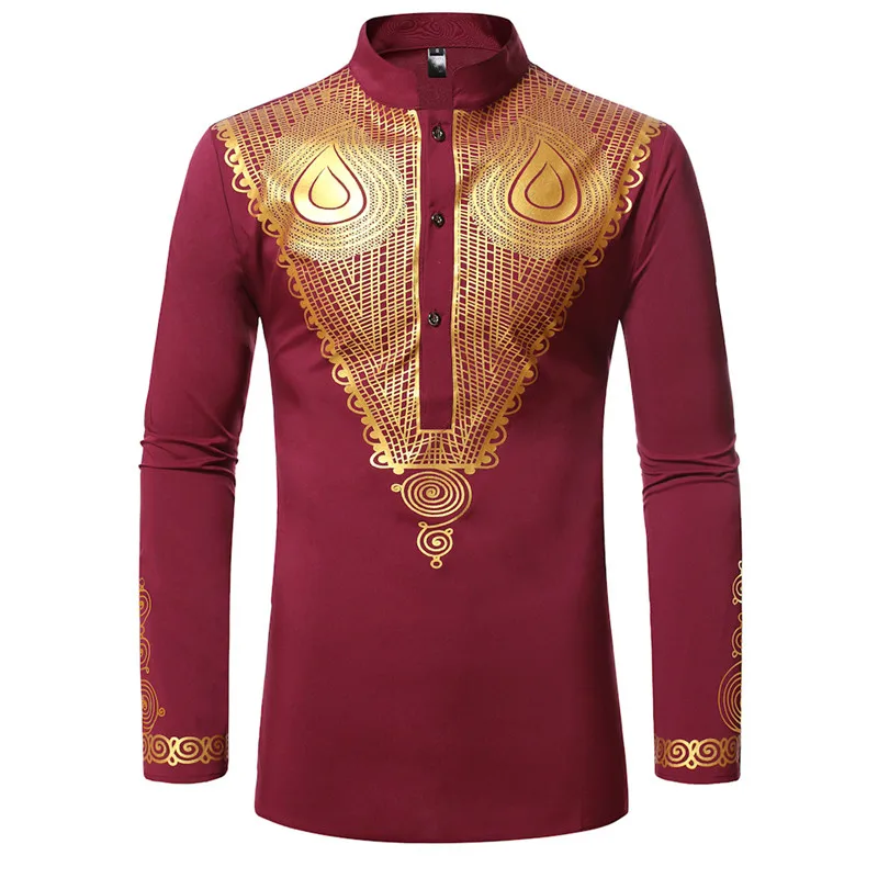 

Wine Red African Dashiki Print Shirt Men 2024 Brand Luxury Metallic African Clothing Men Hip Hop Streetwear African Clothes XXL