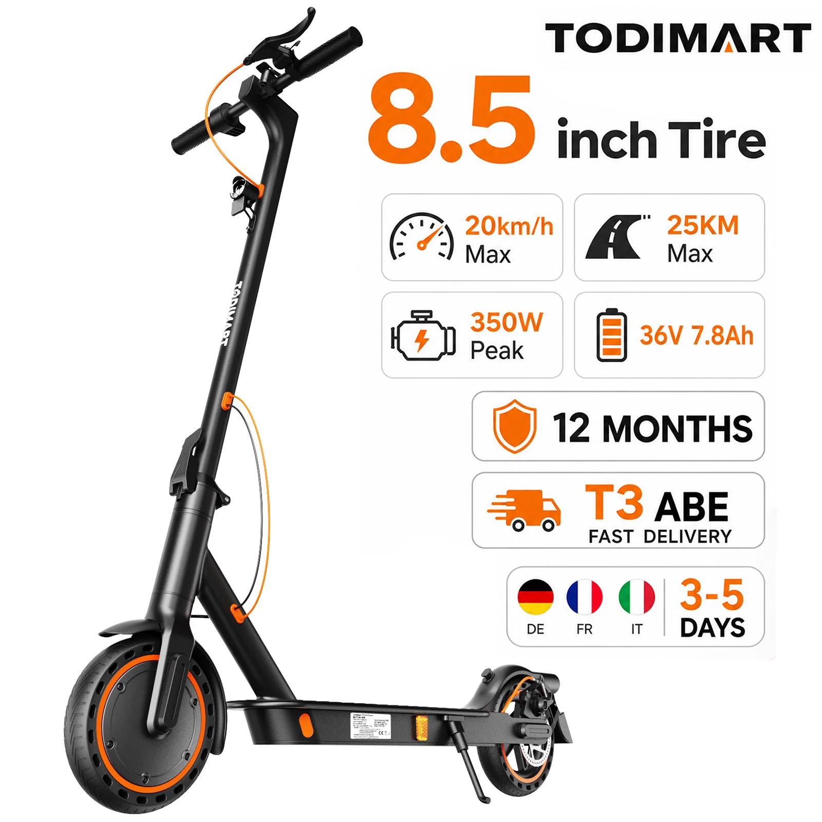 TODIMART N3A N3B Scooter Eléctrico para Adultos con Certificación ABE, E-Scooter con Batería de 36V 10.4Ah, Neumáticos Sin Cámara de 8.5