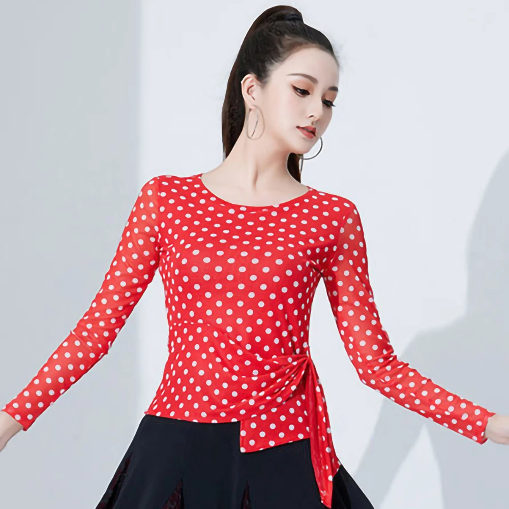 Abiti da pratica Top da ballo latino Top da ballo a pois con stampa Samba a maniche corte slim fit nero girocollo