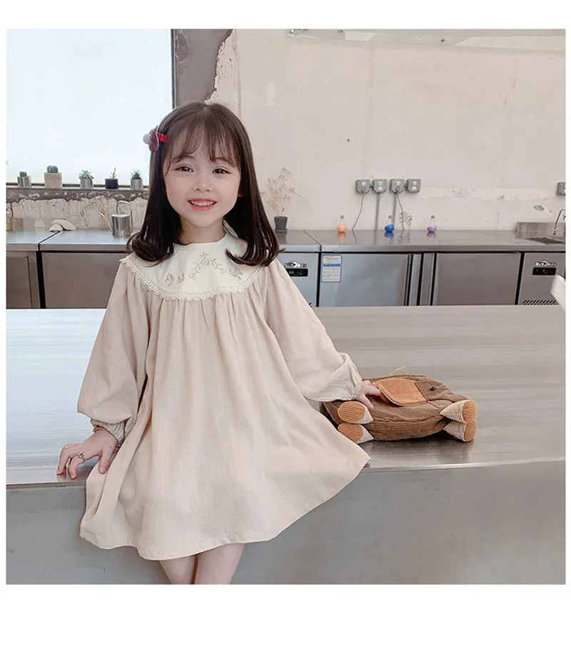 1-3-7y Kids Autumn Long Sleeve Girls Dresses Toddler Floral Embroidered Princess Dress Children Party Baby Clothing Retro Spring