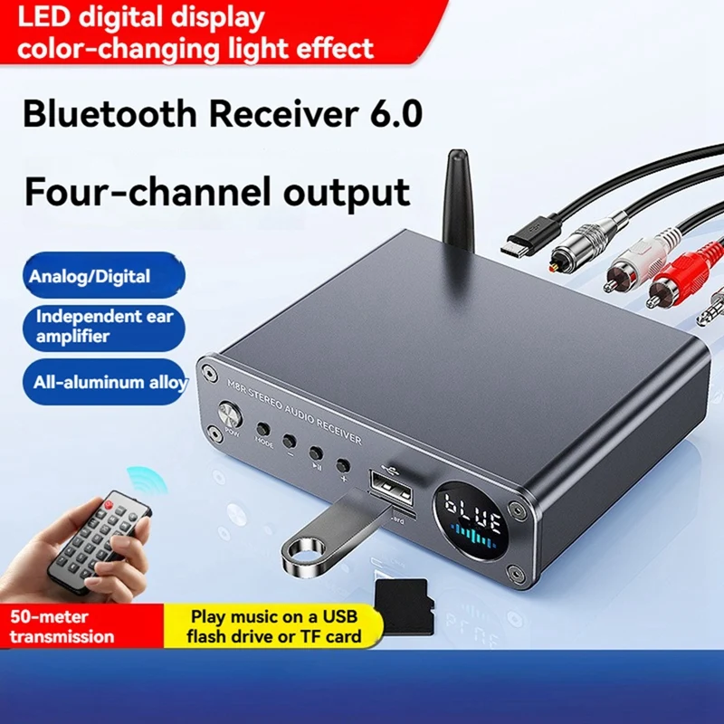 Wireless Bluetooth 6.0 Adapter Bluetooth Audio Receiver Dual Antenna 50M Supports USB Drives/TF Card