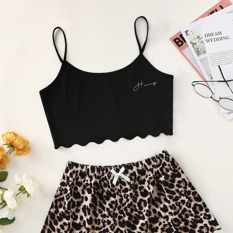 Women's Pajamas Set Sexy Lingerie Leopard Print Sling Sleepwear V-Neck Sleeveless Top and Shorts Sets Pyjamas Homewear пижама