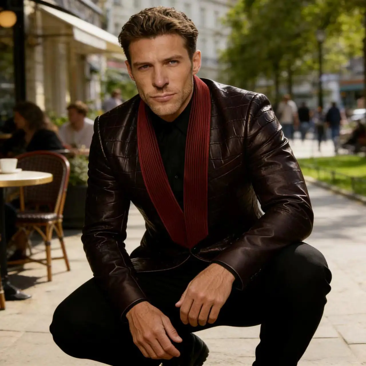 

Мужской кожаный пиджак с крокодиловым узором, вельветовыми вставками, на одной пуговице, с шалевым воротником, приталенный, деловой, формальный, верхняя одежда