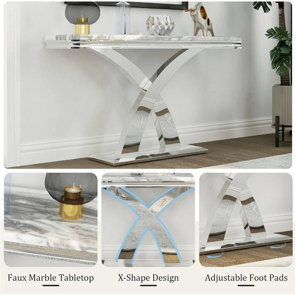 طاولة كونسول مستطيلة مقاس 50 بوصة مخططة باللون الرمادي مع قاعدة X مرآة لمدخل غرفة المعيشة