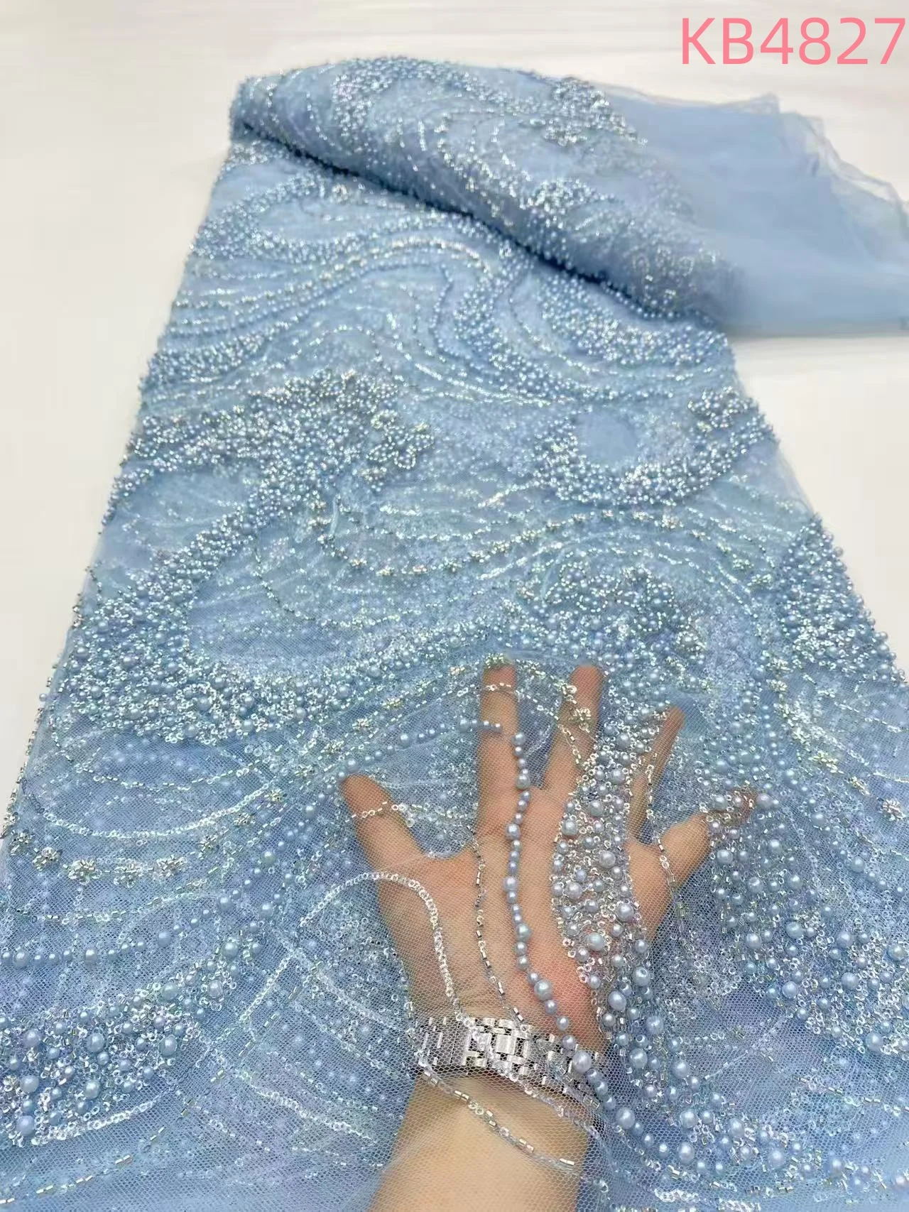 

Sky Blue Beaded Embroidered Lace Fabrics African Lace Fabric 2025 High Quality White Sequins French Mesh For Dress Sewing KB4827
