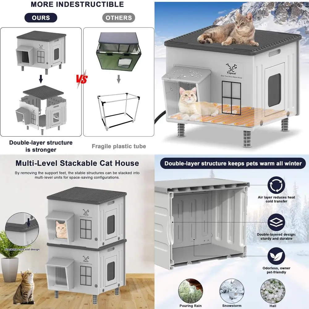 

Weatherproof Heated Outdoor Cat Shelter with Escape Doors and Heating Pads, Grey, 17.7x17x17.5