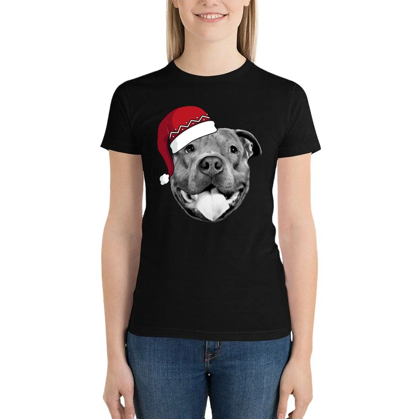 

Pitbull Santa T-Shirt graphics lady clothes summer clothes female Women tops