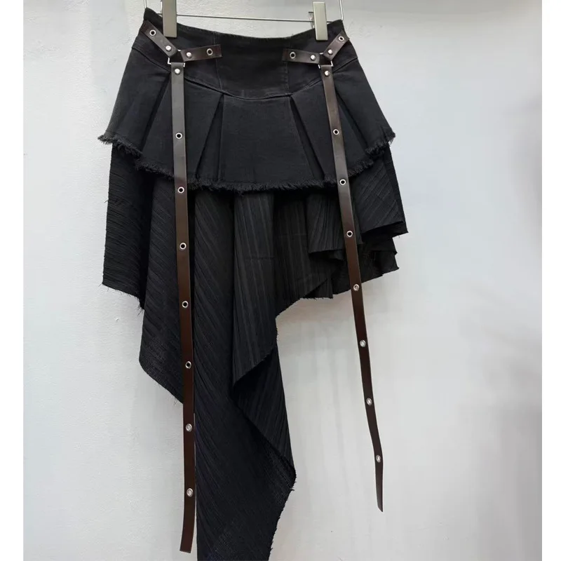 New Women's Irregular Asymmetrical Hem Strap Decorated Pleated Mini Skirt Soft Comfortable Casual Commute Daily Wear Half Skirt