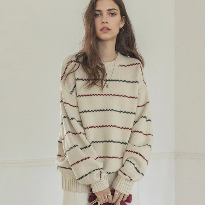 2025 Elegant Long Sleeved Sweater Autumn Korean Striped O-neck Sweater for Women Casual Loose Knitted Top Preppy Style Knitwear