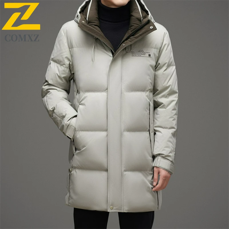 COMXZ New Men Long Down Jacket Hooded Casual Working Warm Puffer Coat High Quality Outdoor Windproof Warm Winter Mens Clothing