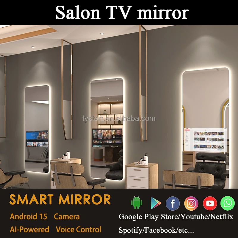 High Quality Waterproof Smart Mirror TV Touch Screen LED Lighting Customizable Size Magic Salon Mirror Voice Control Android