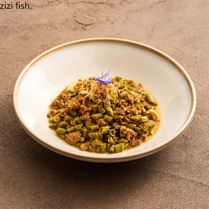 Kiln Changes Ceramic Deep Plate Restaurant Pasta Dish Thick Soup Plate Salad Plate Serving Plates Molecular Cuisine Tableware