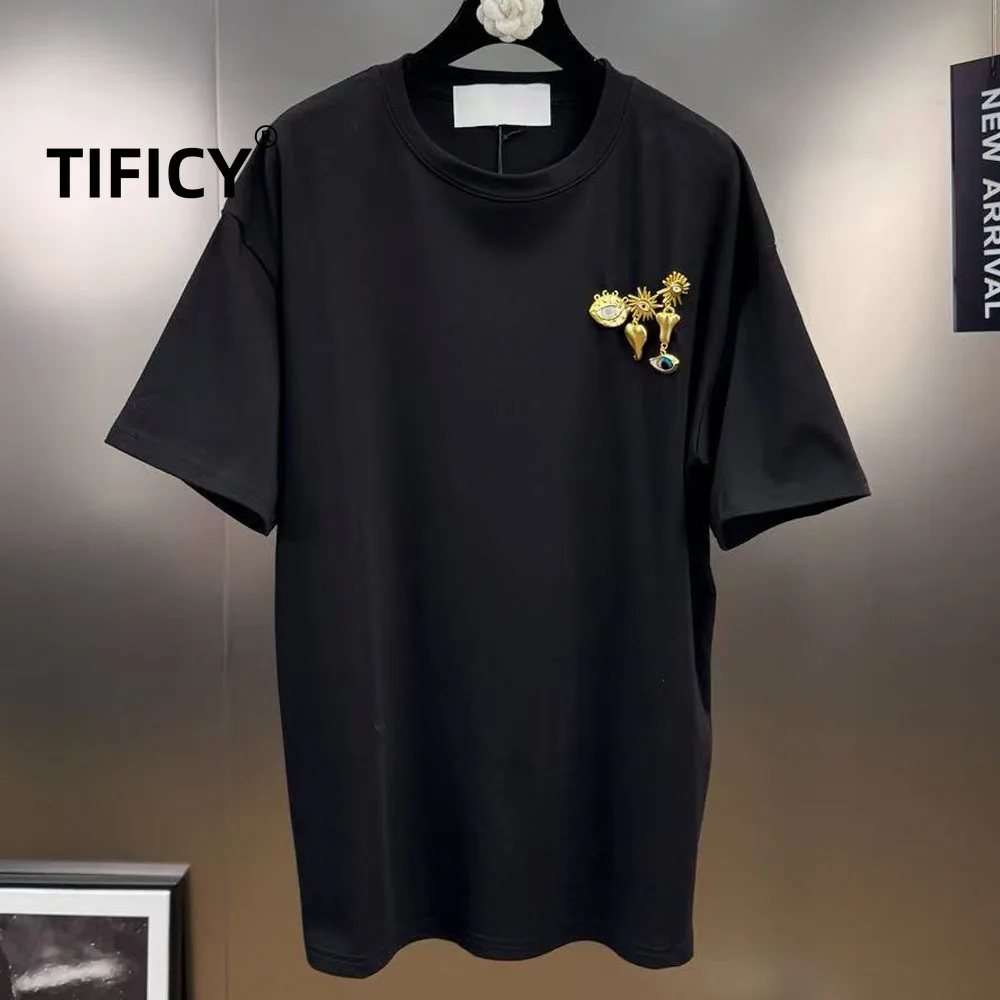 

High Quality Tees Tshirt Women's Heavy Metal Pendant Decoration Round Neck Versatile Cotton Top Loose and Fashionable T-shirt