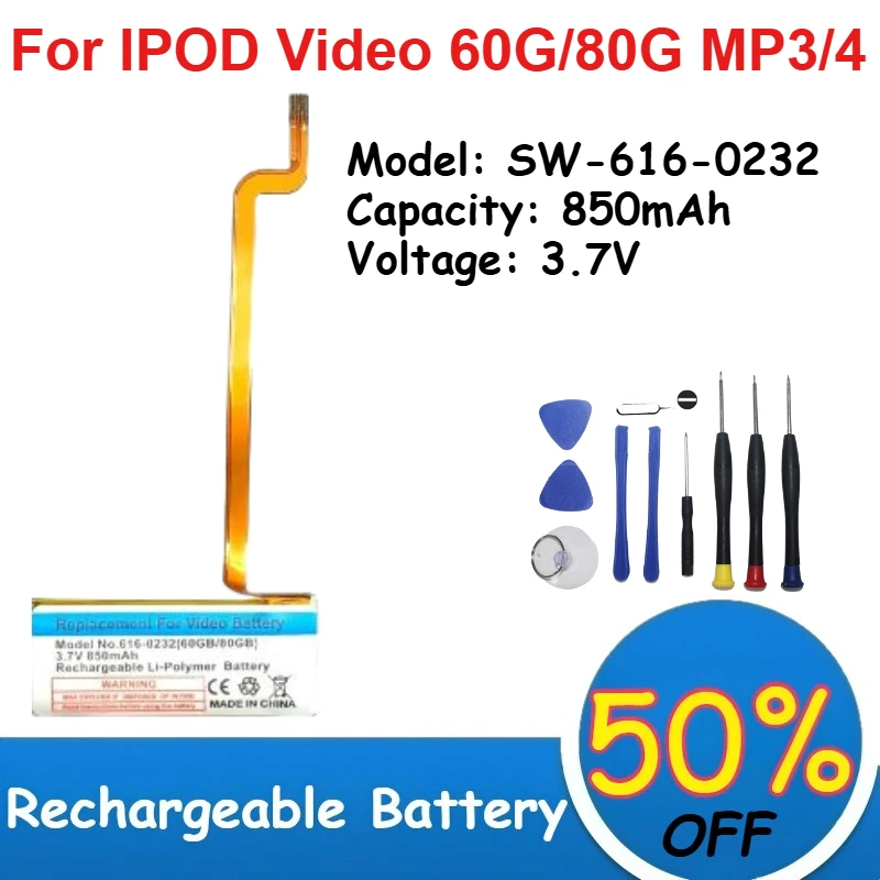 

616-0232 Built-in Li-Polymer Battery 3.7V 850mAh Capacity for IPOD Video 60G/80G MP3/4 Batteries Rechargeable +Tools