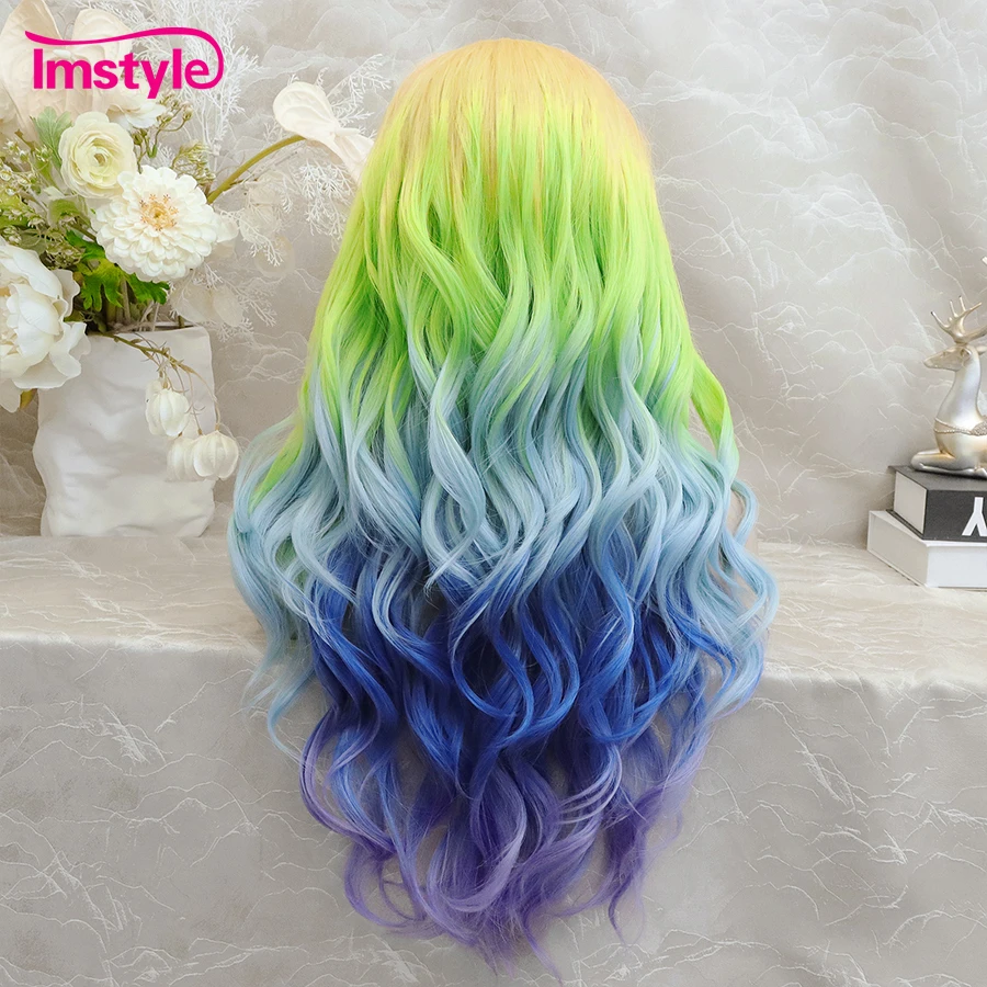 Imstyle Colorful Wig Synthetic Lace Front Wig Ombre Orange Green Blue Wigs For Women Long Wavy Wig Heat Resistant Fiber