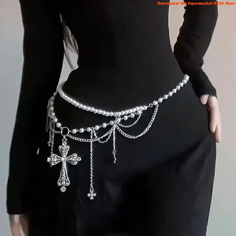Q5WE 2000s Gothic Waist Belt Multi Layered Chain Pearls Chain Crosses Design For Edgy Outfits