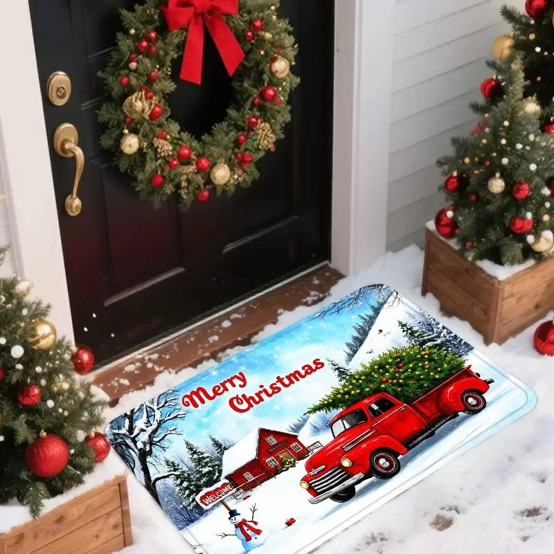 VIKAMA Typographic & Christmas Tree Flannel Door Mat, Non-Slip Machine Washable, Decor for Front Door Entryway Kitchen Bedroom
