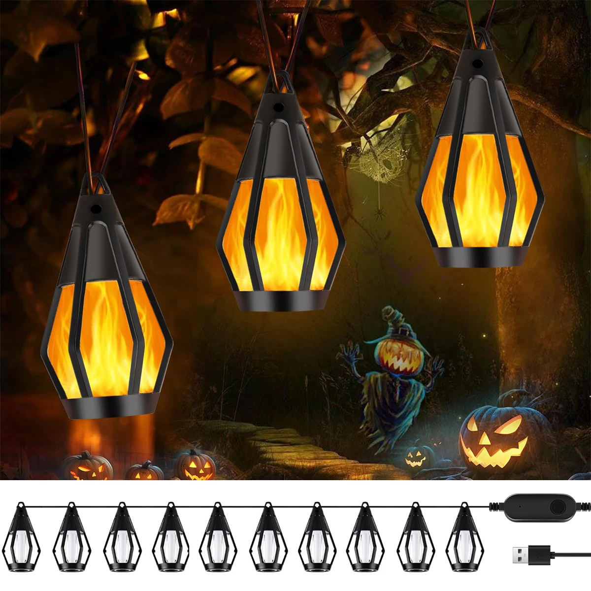

Outdoor Solar Lights Flickering Flame String Lights Decorative Hanging Patio Light for Garden Backyard Party Halloween Christmas