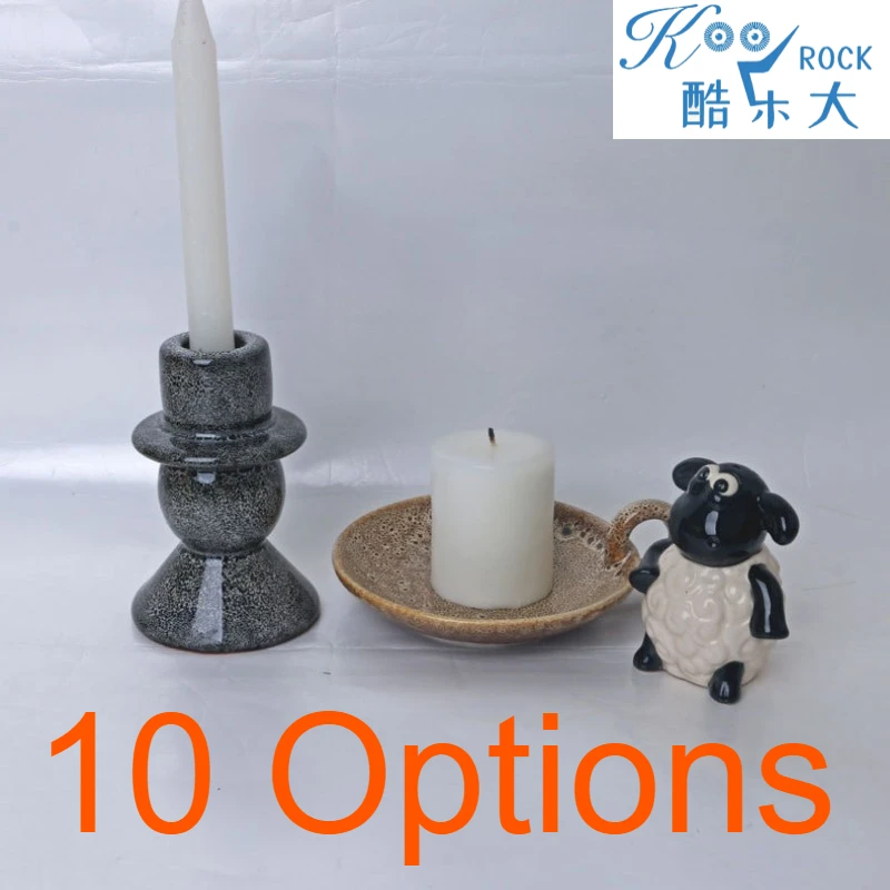 Vintage Ceramic Candle Holder with Haze Blue & Khaki Glaze Speckles, Ring-Ear Round Tray, Column Design, Multi Styles & Colors