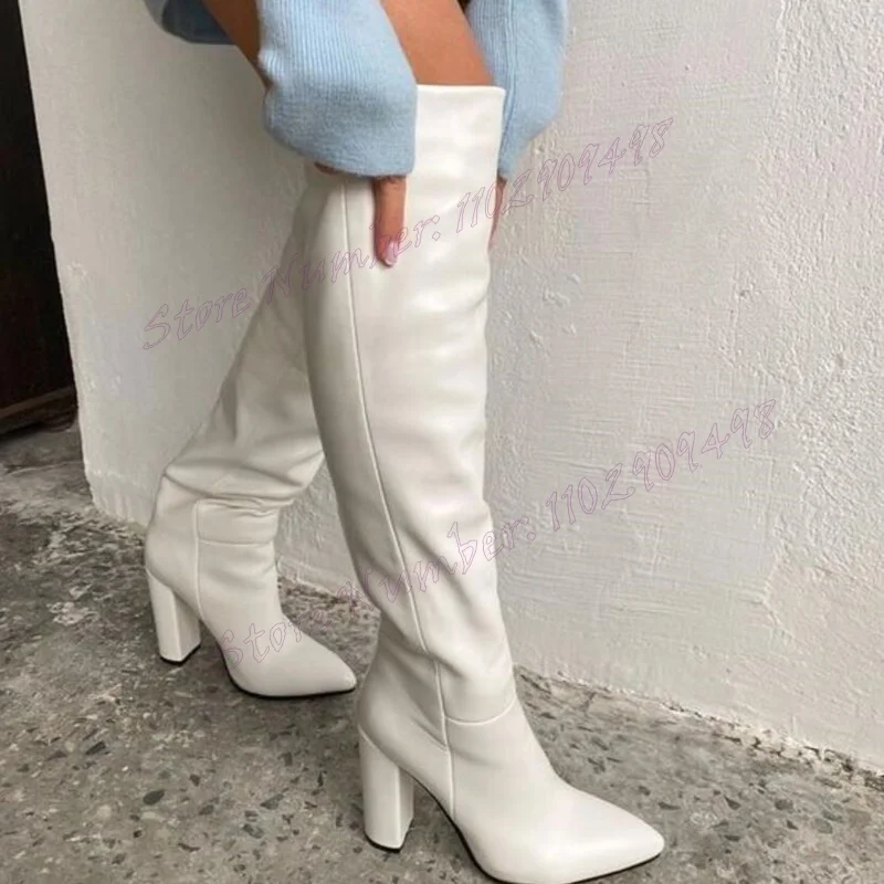 

White Chunky Heels Knee High Boots Pointed Toe Shoes for Women Matte Leather Sexy Lady Fashion Shoes 2024 Zapatos Para Mujere