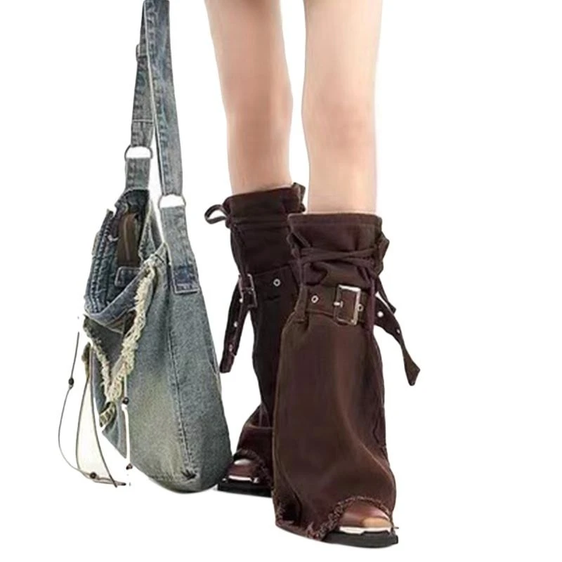 Fashionable Leg Warmer with Buckled Bandages Punk Frayed Flared Jeans Long Sock 15UB