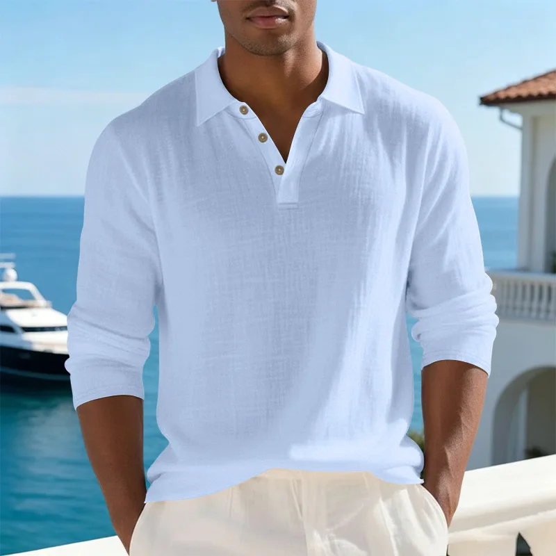 Men's Linen Texture Long Sleeve Polo Shirt 3 Button Placket Collar Pullover Casual Loose Fit Vacation Beach Top