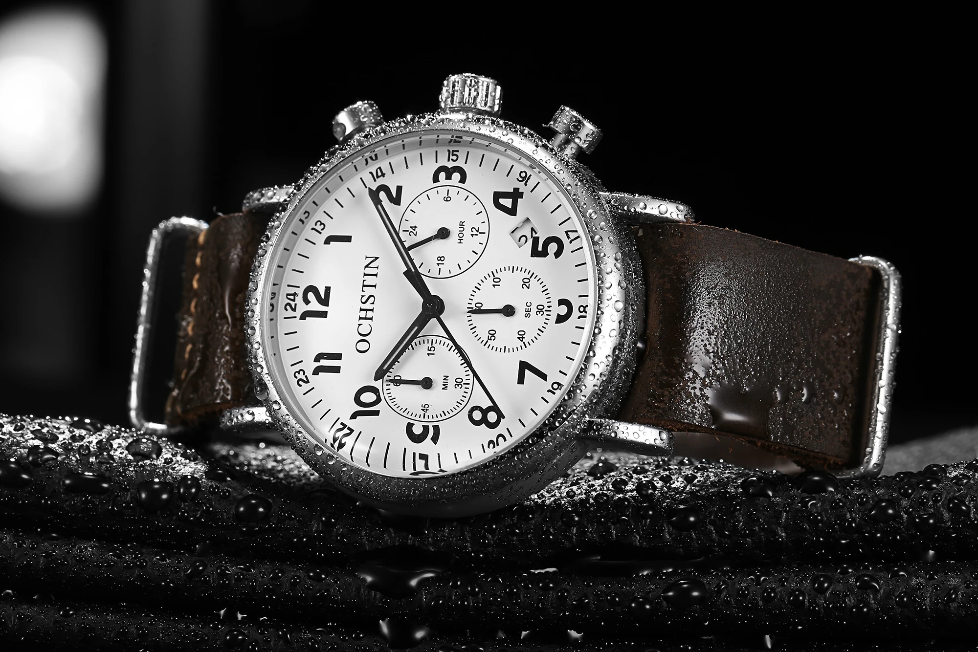 OCHSTIN 39mm Pilot Mens Watches Top Brand Luxury Number Scale Leather Luminous Quartz Men WristWatch Vintage Chronograph Clock