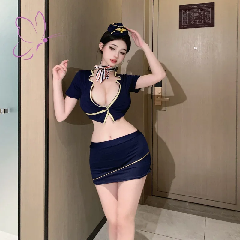 Sexy Lingerie Internet Celebrity Airline Stewardess Uniform Temptation Suit Wrap Your Buttocks Short Skirt Sexy Nightclub Attire