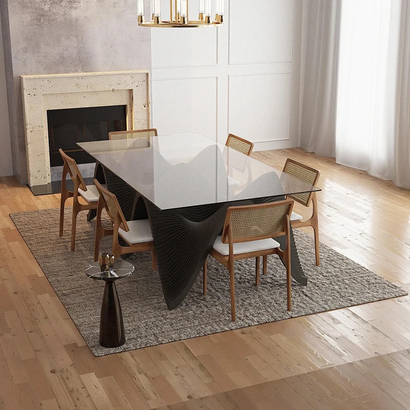 ！@Custom Handcrafted Modern Organic Parametric Solid Wood Eco-Friendly Dining Coffee Table Rectangular Glass Top Wavy Hotel