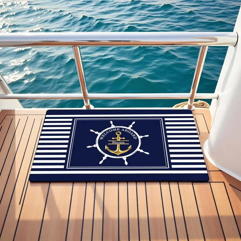 VIKAMA Nautical Anchor Striped Doormat Water Resistant Anti Slip Floor Mat Yacht Boat Entrance Balcony Outdoor Home Decor