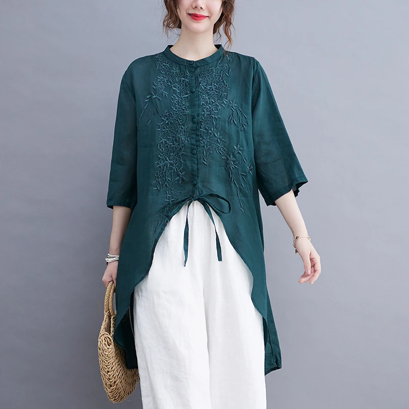 

Летний женский хлопково-льняной топ большого размера с вышивкой и воротником-стойкой, художественный асимметричный топ длиной миди длины