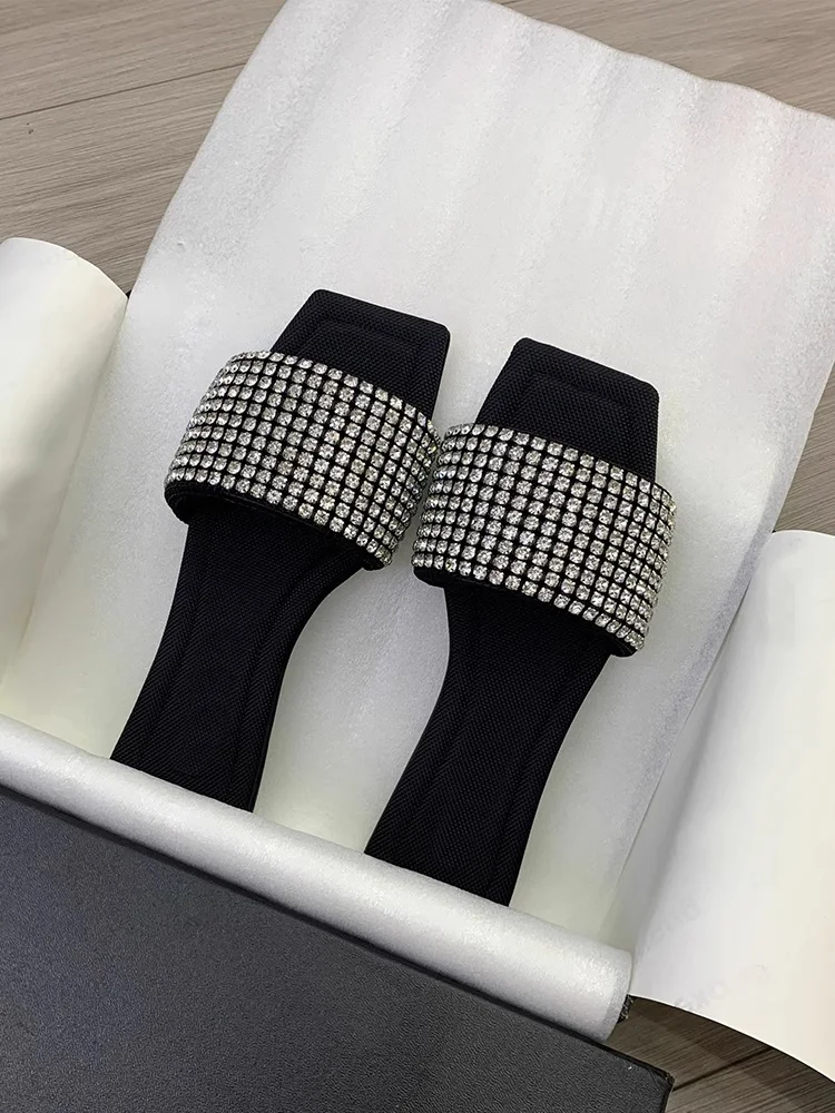 

2025 Summer New Open Toe Square Toe Rhinestone Flat Women's Slippers Fashion Outdoor Beach Holiday Casual Daily Ladies Sandals