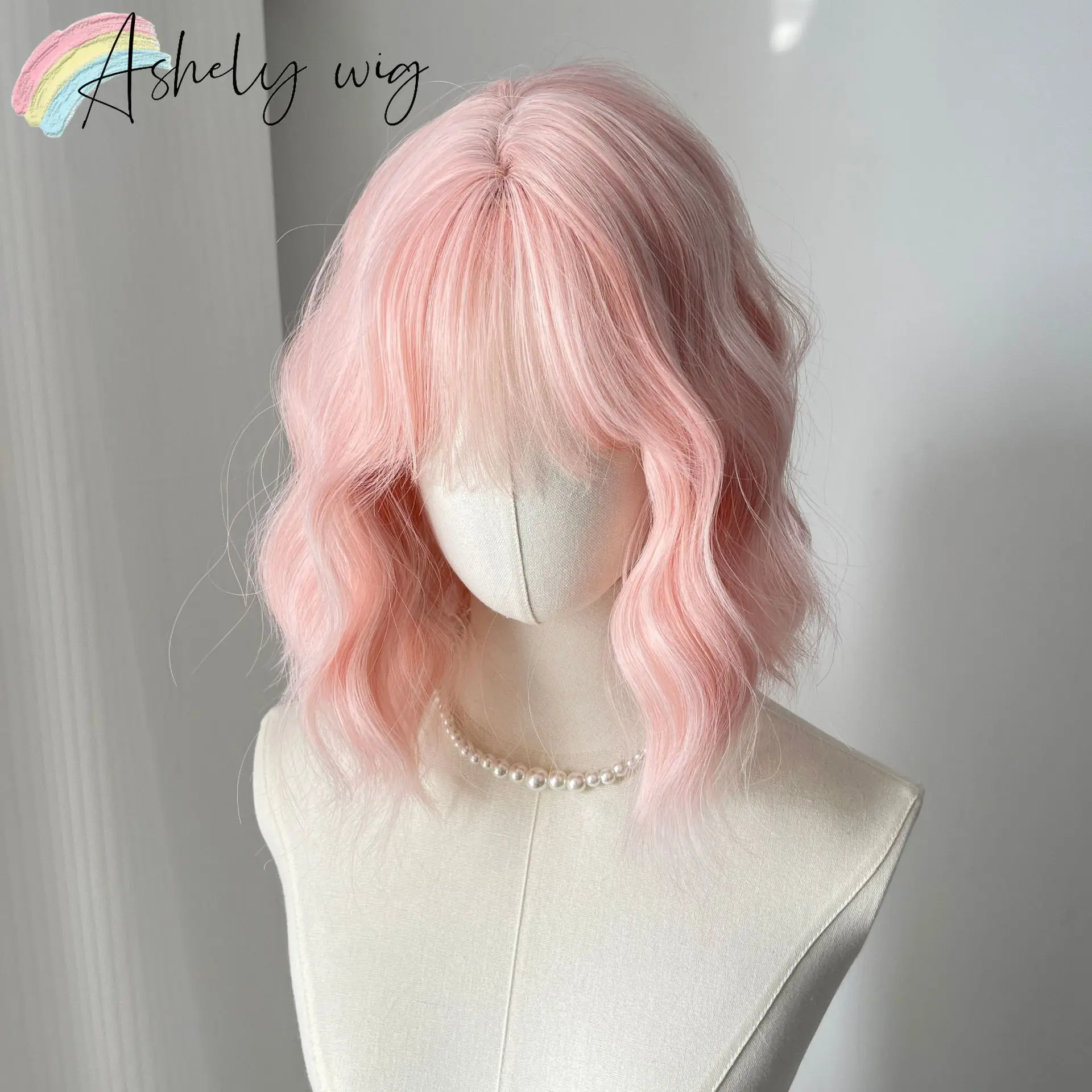 

Ashely Creamy Pink Wig for Women Curly Short Wig with Bangs Wool Curls Egg Curls Light Pink Nature Headband Synthetic Wigs Style