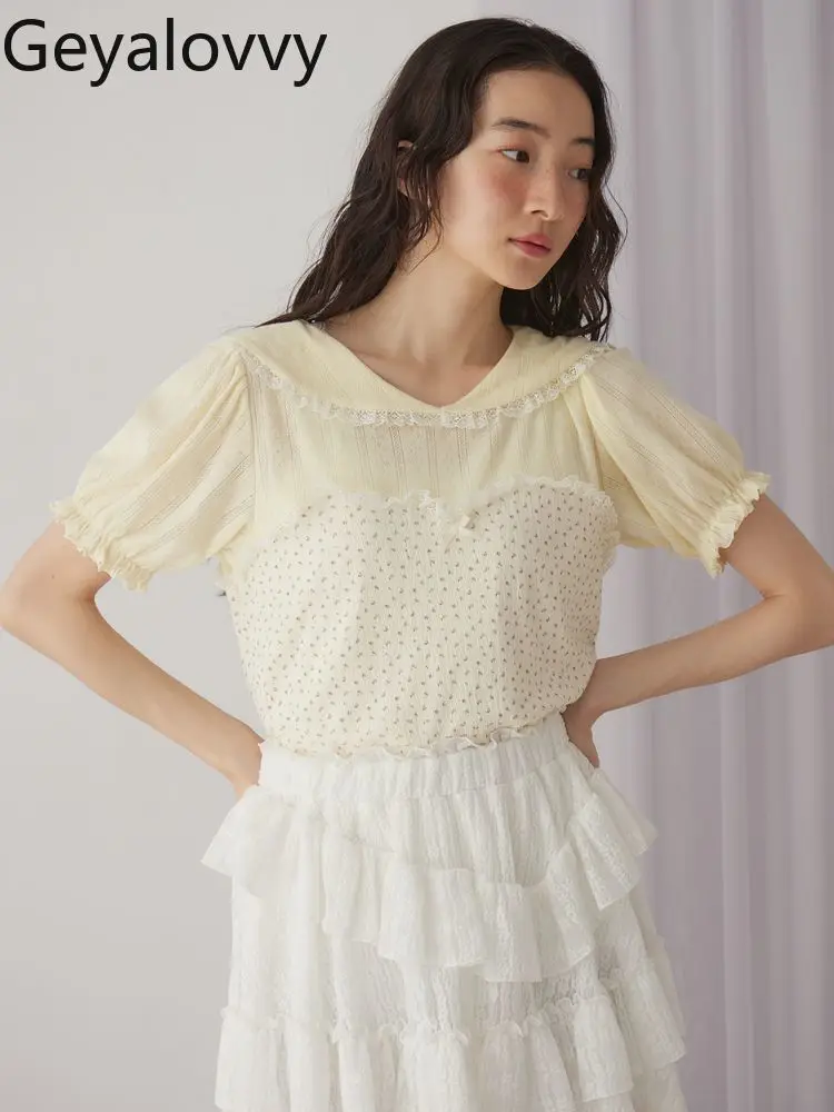 اليابانية الصيف جديد الحلو ولطيف الأزهار البحرية طوق قصيرة الأكمام تي شيرت تنوعا الدانتيل الربط المطبوعة محبوك القمم #6