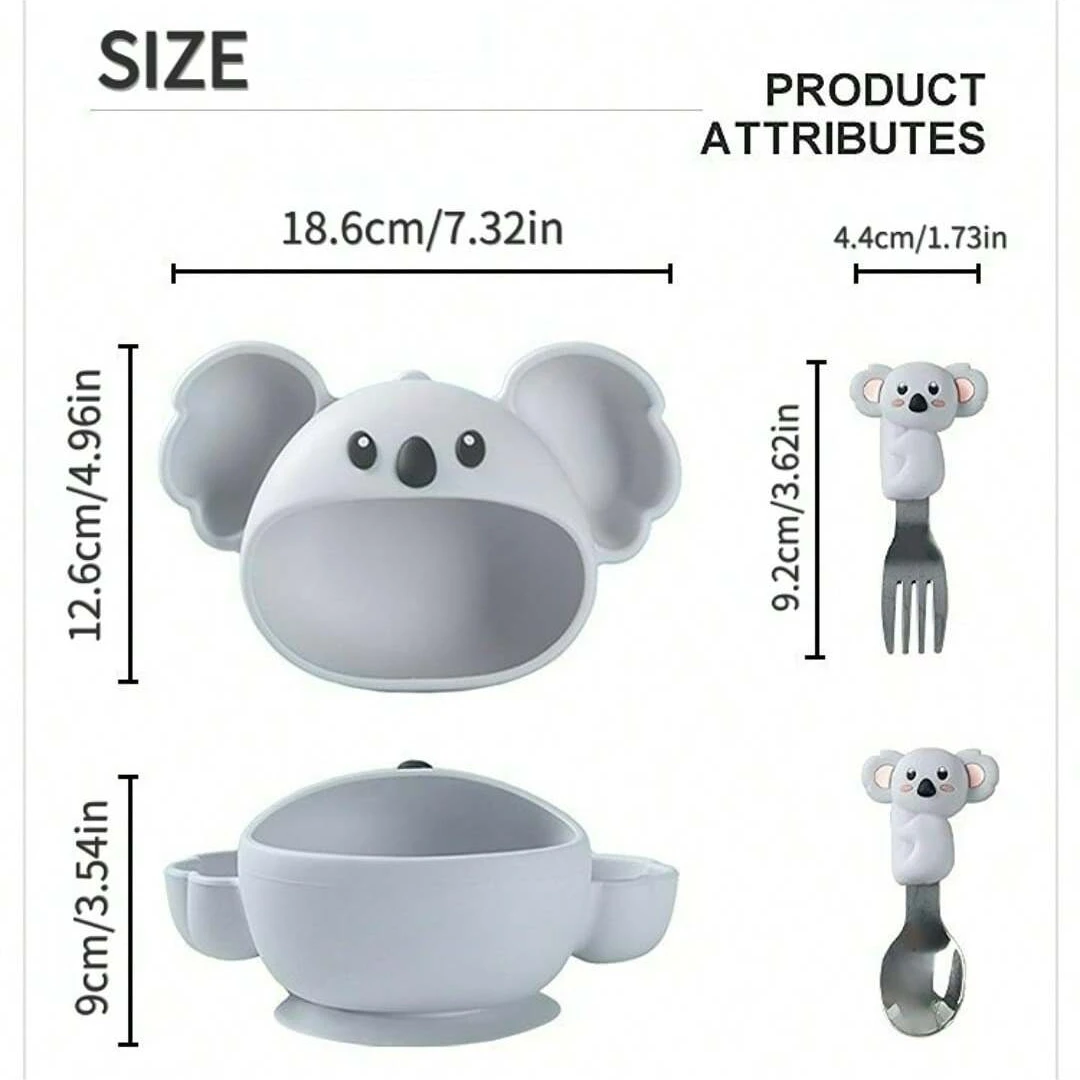 Baby gray silicone tableware set children\'s bowl stainless steel fork and spoon set children\'s silicone koala feeding tableware