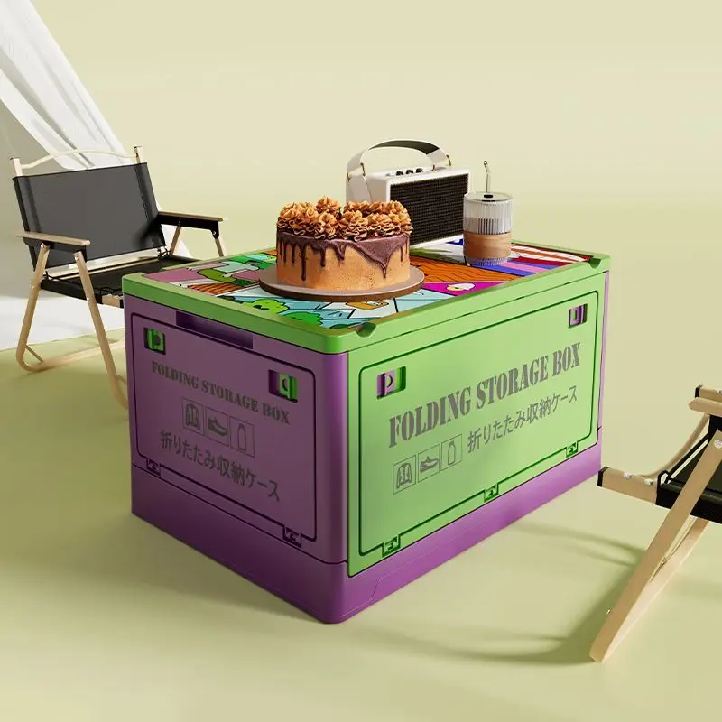 Foldable Storage Box Collapsible Plastic Storage Bin With Lid Purple Green Color Portable Waterproof Stackable Organizer For