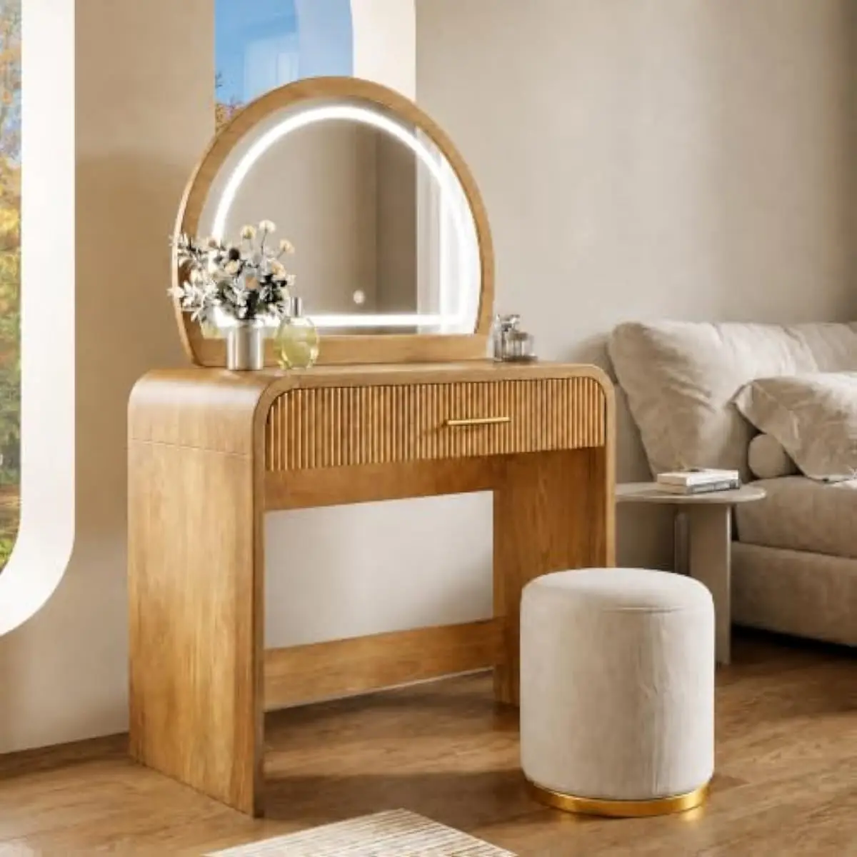 Modern Vanity Desk Featuring Curved Edges, Touch-Control LED Mirror, Removable Glass Surface, Engineered Wood Frame, Tempered Gl