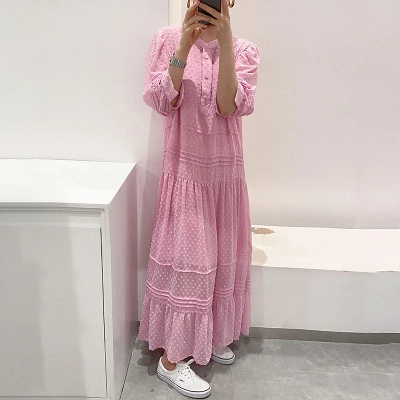 Coreano chique temperamento suave bolinhas em torno do pescoço único breasted puff manga longa vestido solto para mulher vestido de férias