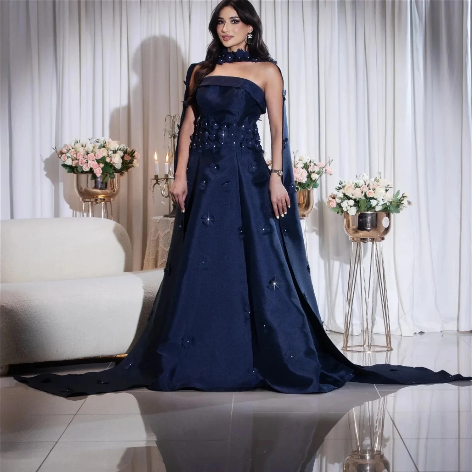 

Navy Blue Beaded Long Bespoke Occasion Gown Evening Dresses Prom Pastrol Unisex Jersey Retro Dubai Saudi Arabic Customized