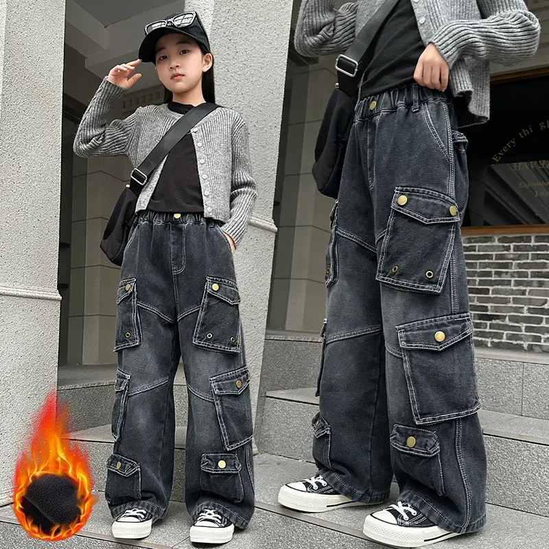 autumn 4 6 8 10 12 14 teen girls plush workwear jeans junior kids fleece-lined multi-pocket cargo pants child velvet trousers