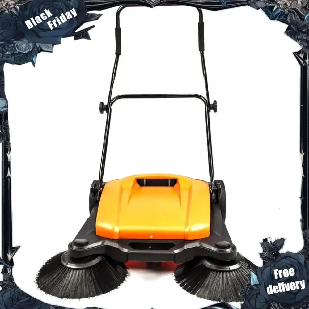 Walk-Behind Manual Push Floor Sweeper - 6.6 Gallon Capacity, 27.5