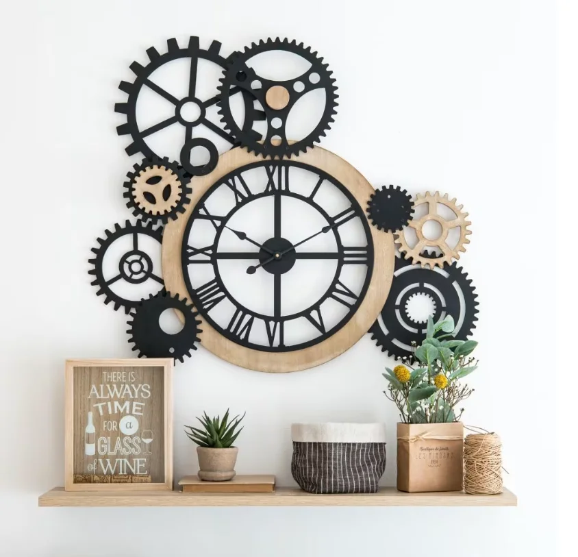 wall clock gear interior  household wooden frame metal wall clock for home decor