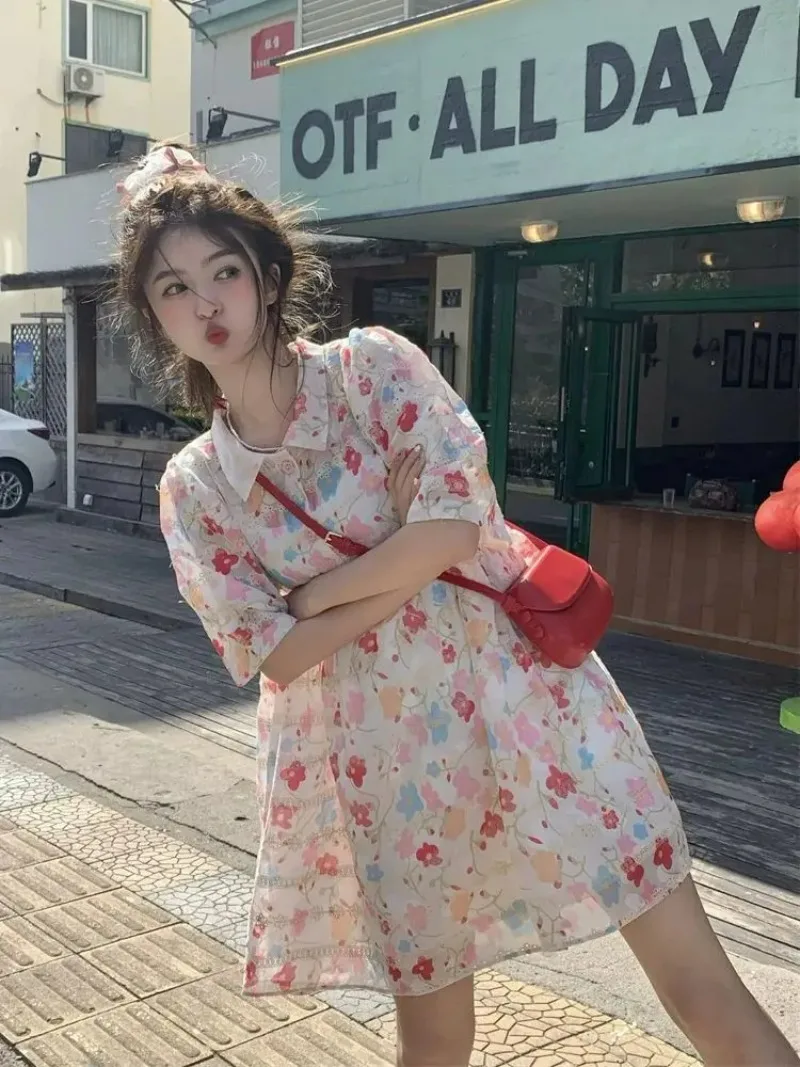 夏の新甘い花柄ドレス女性の韓国のファッションプラスサイズルーズフリルエッジかわいい Y2k ドレス女性のための