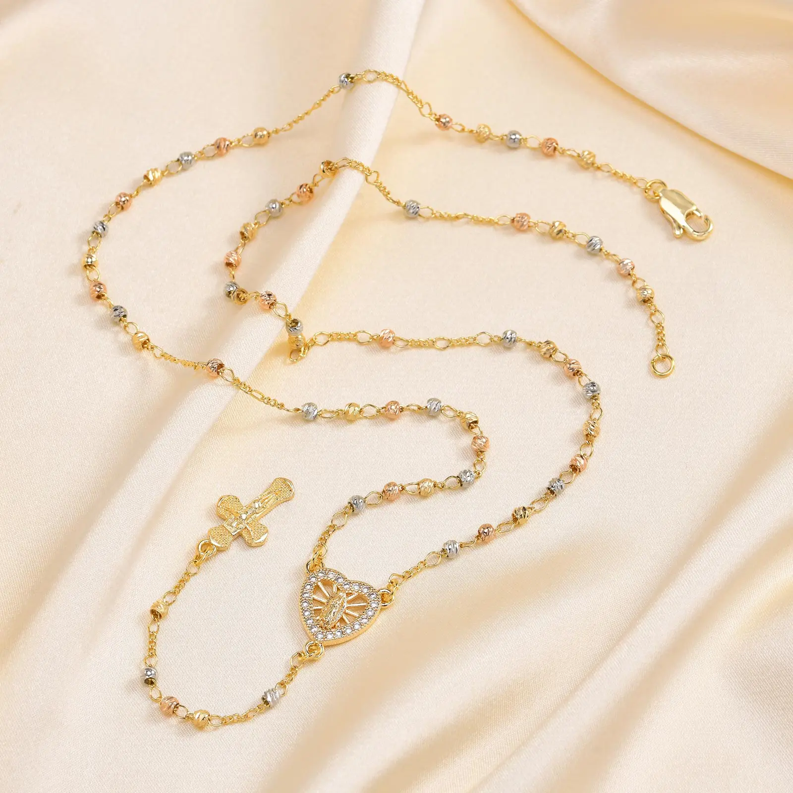 Vnox Virgin Mary Heart Rosary Necklaces for Women Men, Gold Plated Cross Prayer Collar, Long Sweater Chain Necklace