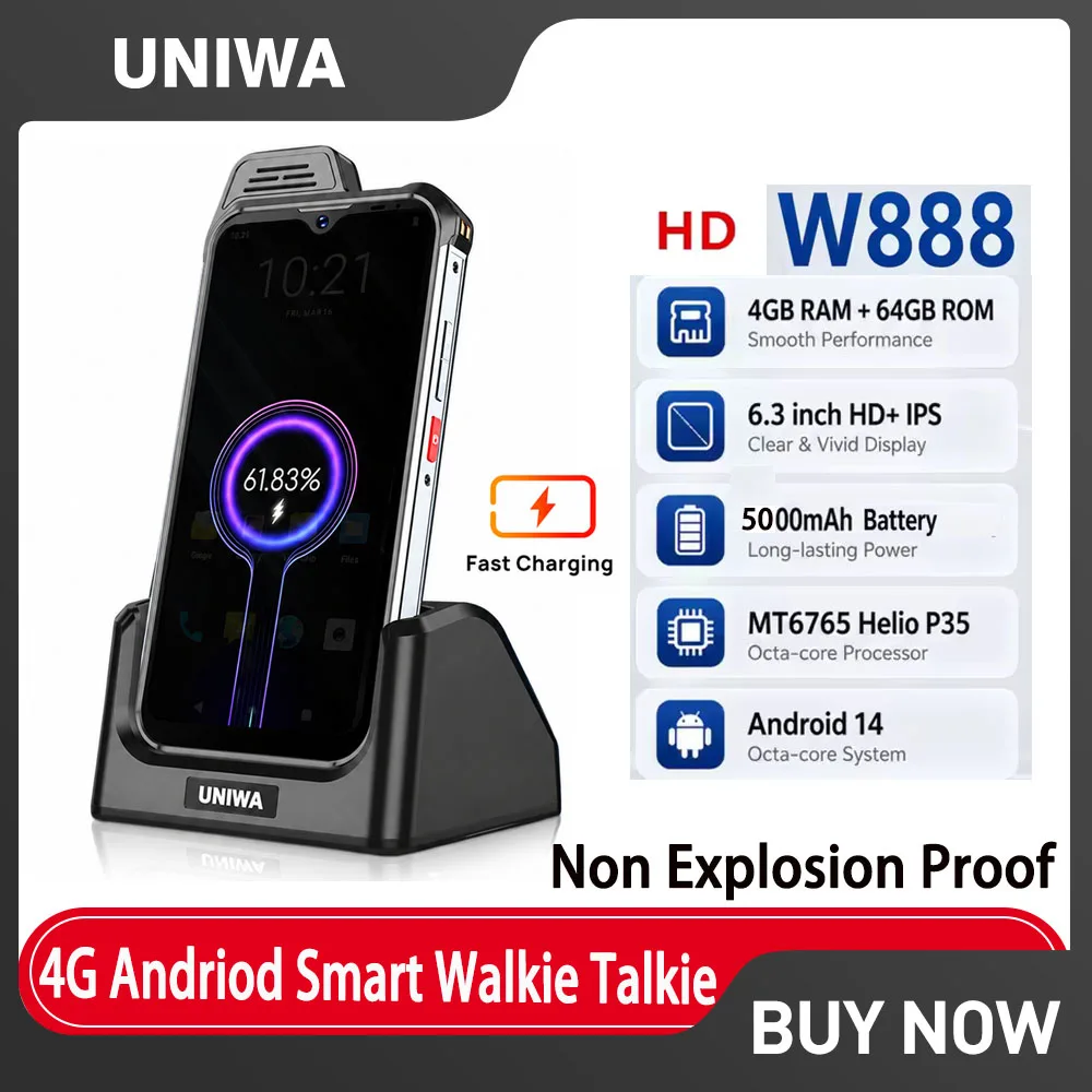 UNIWA W888 IP68 Waterproof Rugged Smartphone POC Walkie Talkie 4GB 64GB With Loud Speaker NFC Android Mobile Phone For Outdoor