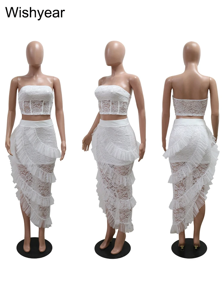 Sexy Two 2 Piece Sets Night Club Outfits for Women White Lace See Through Sleeveless Strapless Top and Ruffles Long Skirts Suit