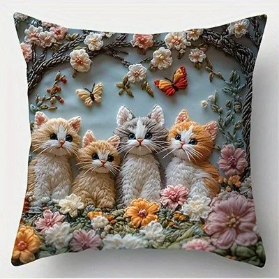 Cute Kittens & Flowers With Butterflies Pillow Pattern Cushion Cover Suitable For Sofa Bedroom Car Pillow Cover