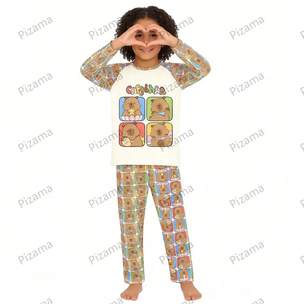 Capibara Kids Pajama Sets Long Sleeve Loungewear with Cute Animal Print Soft Sleepwear for Boys Girls Cartoon Sleep Pants Outfit